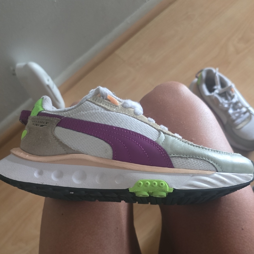 Puma White and Purple Sneakers with Neon Green Accents